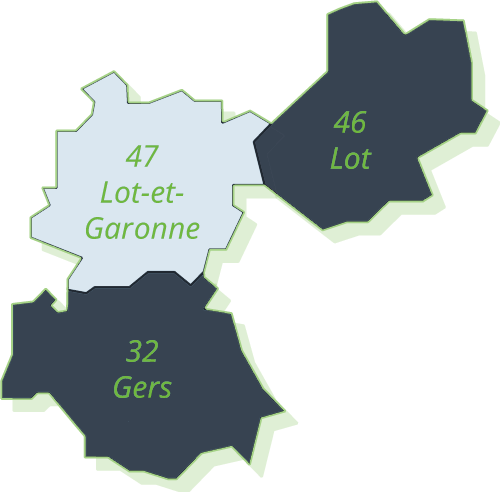 Carte des départements du Gers (32), du Lot (46) et Lot-et-Garonne (47)